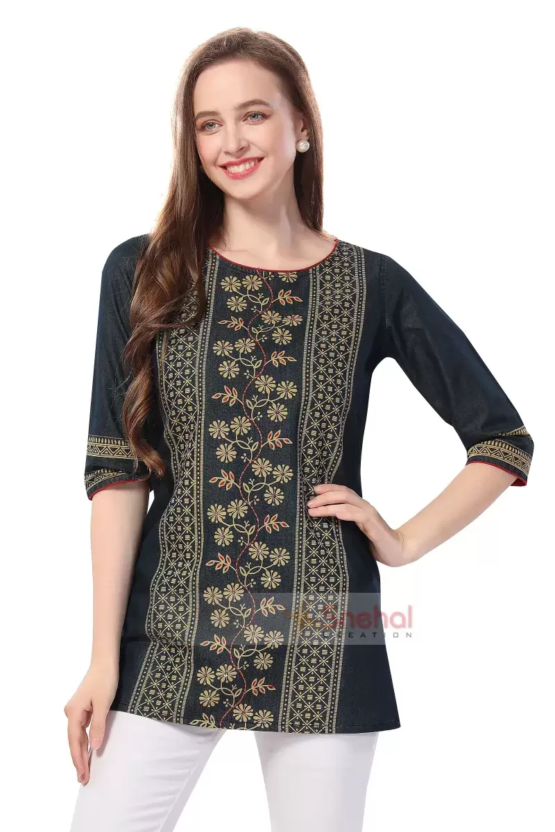 Designer Denim Short Top Chic Denim Short Tunic Color Wash Print with Thread Work